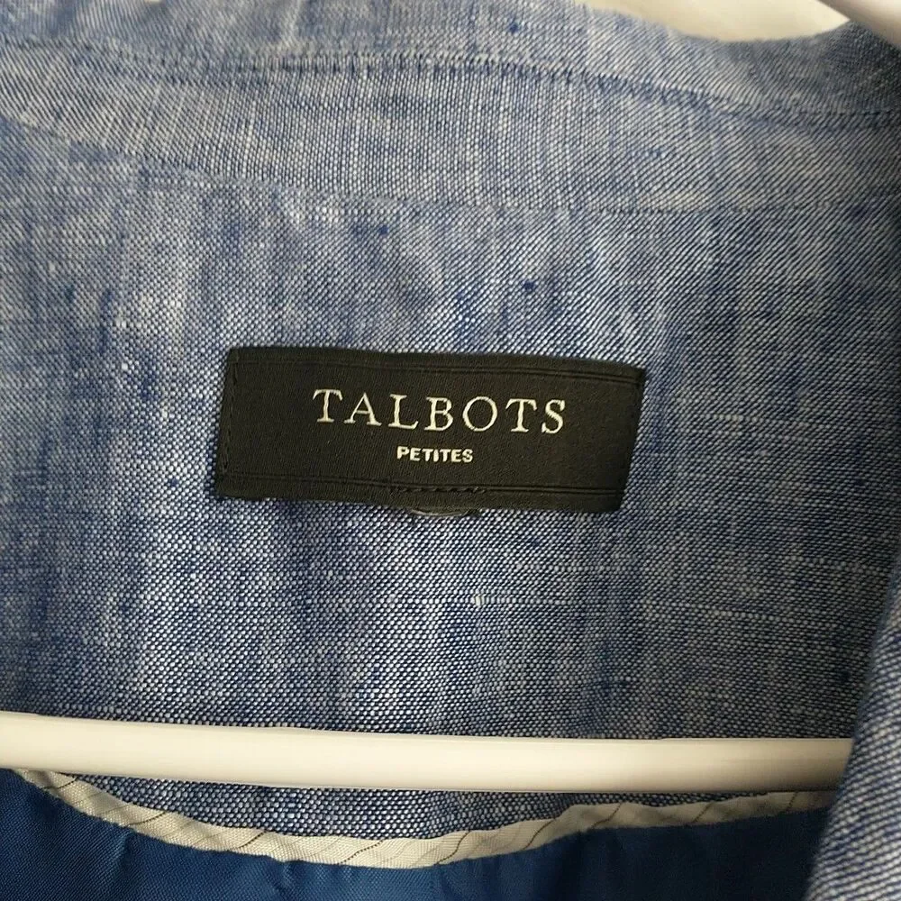 Talbots Blazer Jacket Womens MPetite Blue 100% Linen 2-Button Lined Coastal